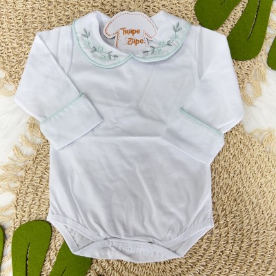 Body Branco com Gola Bordada Flores Verde Água e Planta Verde Body Branco com Gola Bordada Flores Verde Água e Planta Verde